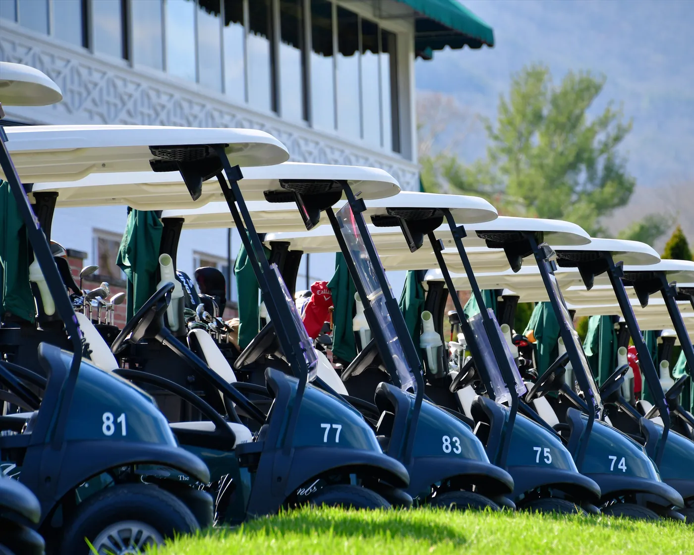 Row of golf carts lined up outside the clubhouse before a tournament
