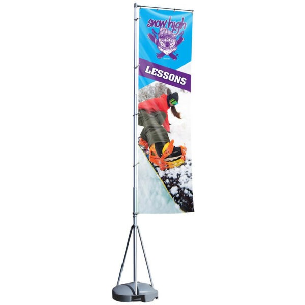 Elevate your outdoor events with the 13ft Mondo Flag by Gott Marketing. This comprehensive flagpole banner stand includes a custom print, stand, and water base, making it perfect for conferences, sports events, and more. With a polyester-blend mesh fabric and dye sublimation printing, your brand takes center stage with vibrant graphics that capture attention.