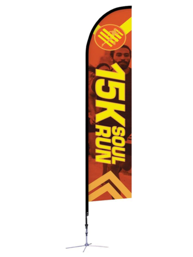Capture attention outdoors with our 14ft Feather Flag. Custom printed using dye sublimation on polyester mesh, this flag stands tall and garners attention with its vibrant colors and bleed-through visual effect. Easy to set up with a spike base, it's the perfect solution to make your brand fly high in any outdoor setting.