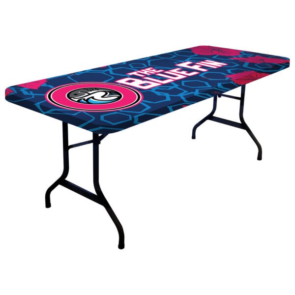 Transform your table into a vibrant showcase with the 6ft Multi-Stretch Table Cap. This full-color table topper features a skin graphic that completely covers the tabletop, providing a sleek and seamless display. With backlit fabric and stretch fabric, dye-sublimation printing, and secure tautness around the table top, this table cap is your key to showcasing literature and items with style and impact.