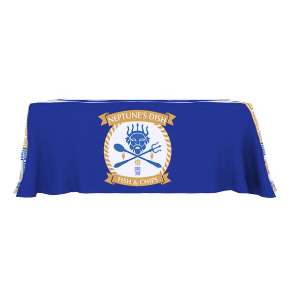 Enhance your trade show booth with the One Choice 6ft. 4-sided Table Throw Regular Stretch. This table throw is designed to fit a standard six-foot table, providing a polished and professional look. Custom printed edge-to-edge, the full-length material covers the front, back, and both sides of the table, ensuring your brand is showcased with elegance and impact.
