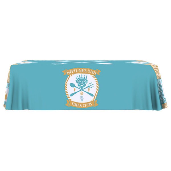 Elevate your trade show presence with the One Choice 8ft. 4-Sided Regular Stretch Table Throw. Designed to fit a standard eight-foot table, this table throw provides full coverage with custom edge-to-edge printing. Make a lasting impression with a display that showcases your brand with elegance and professionalism.