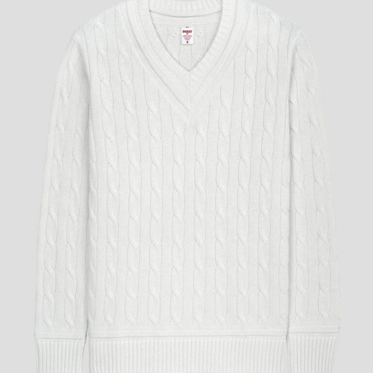 Boast Cable-Knit V-Neck Tennis Sweater in White
