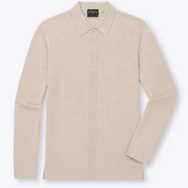 Cuts Riviera Knit Long Sleeve Button-Up in Sand Dune