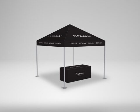 Doman Lumber 10 ft canopy tent and 6 ft table cover mockup