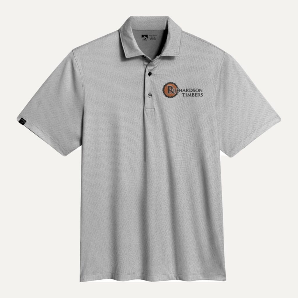 Richardson Timbers logo embroidered on a gray Storm Creek polo