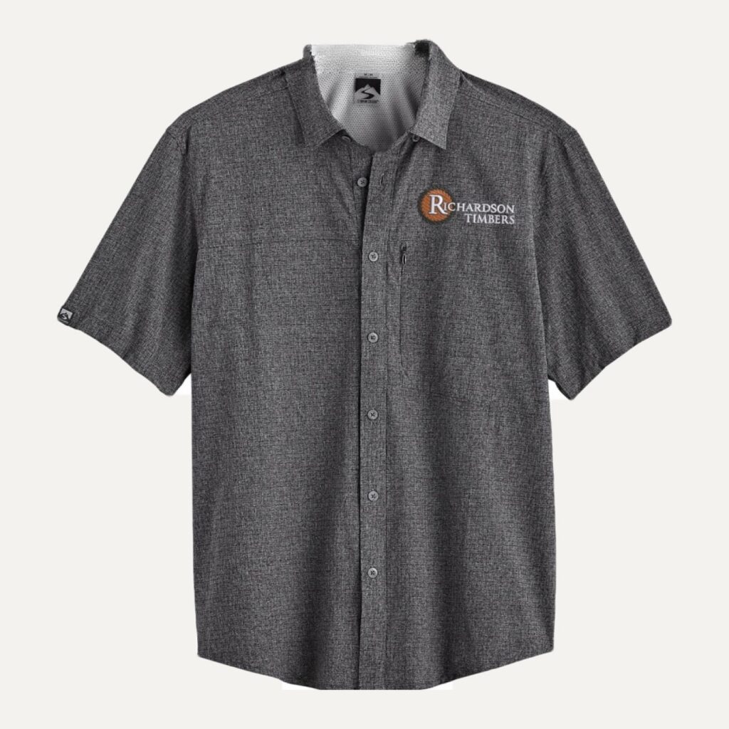Richardson Timbers logo embroidered on a charcoal short-sleeve button-up