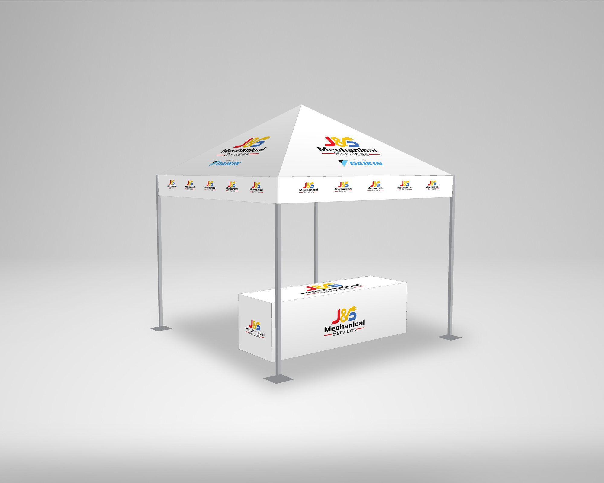 J&S Mechanical 10 ft canopy tent and 8 ft table throw mockup