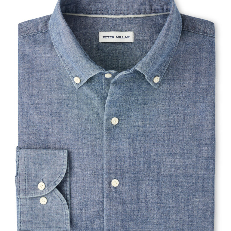 Peter Millar Devonport Chambray Cotton-Stretch Sport Shirt in Indigo