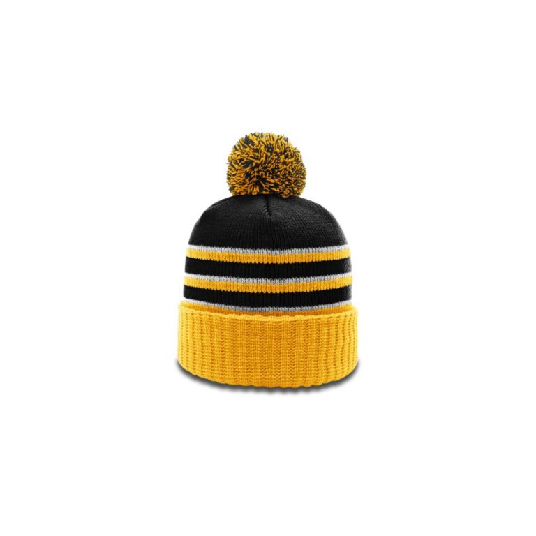 Richardson 134 Striped Beanie with Cuff & Pom in Black/Gold/White