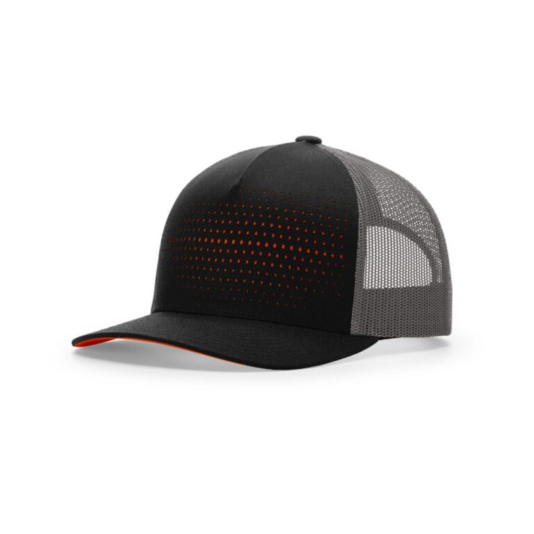 Richardson 163 Laser Cut Five Panel Trucker in Black/Charcoal/Orange