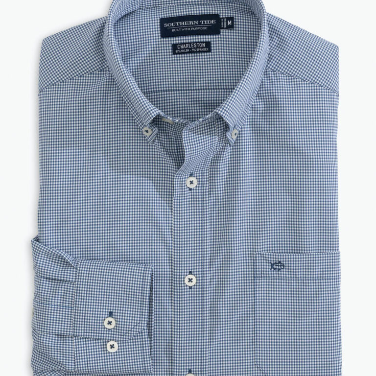 Southern Tide Men's Long Sleeve Brrr Intercoastal Micro Gingham Sport Shirt in Seven Seas Blue