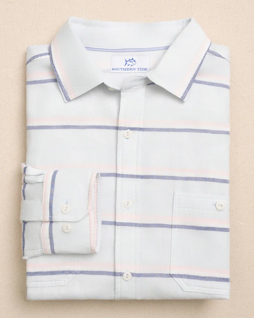Southern Tide Men’s Long Sleeve Double Cloth Sunset Bay Stripe Sport Shirt