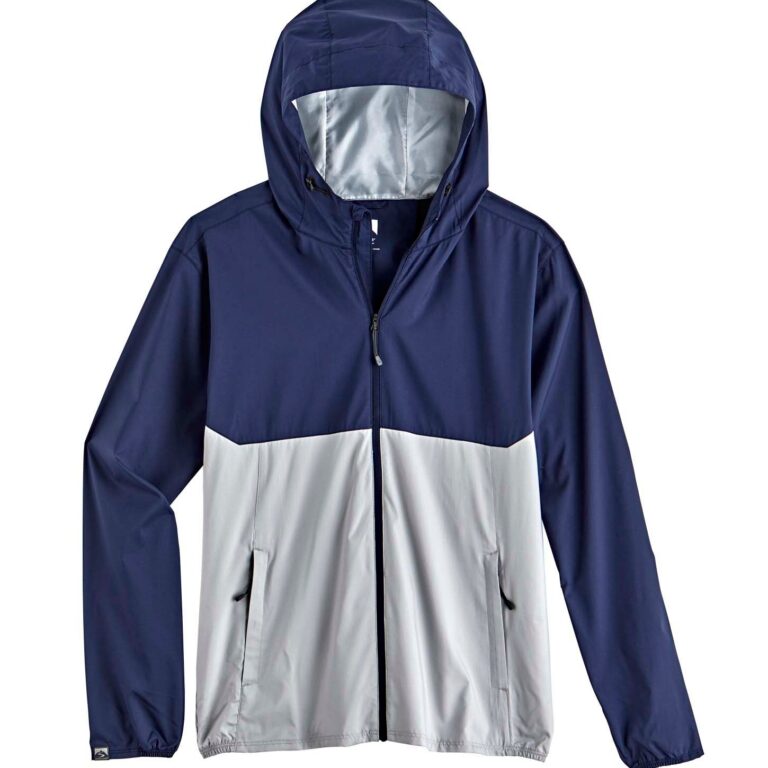 Storm Creek Men's Idealist Water-Resistant Full Zip Hooded Windbreaker in Navy Blue/Platinum Gray