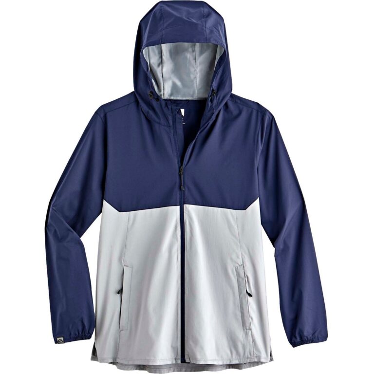 Storm Creek Women's Idealist Water-Resistant Full Zip Hooded Windbreaker in Navy Blue/Platinum Gray
