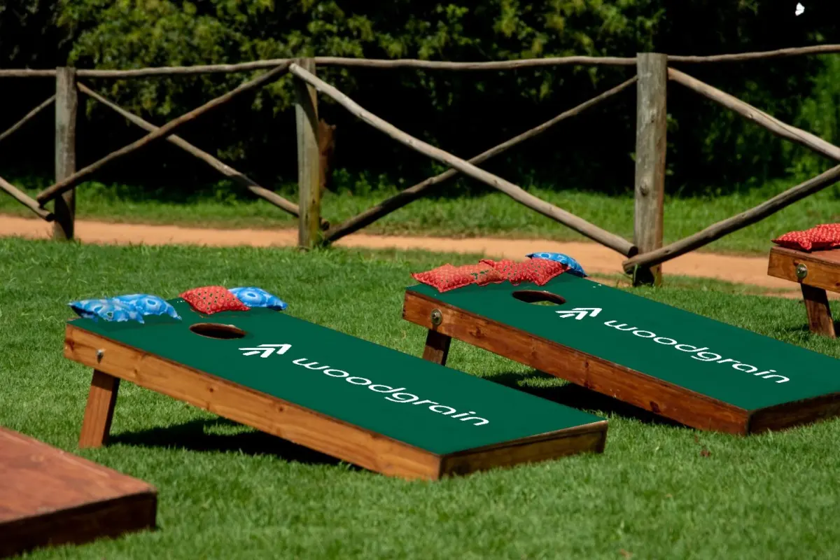 Woodgrain branded cornhole boards